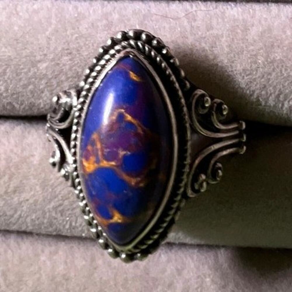 Vintage 925 Silver Blue Marquise Cabochon Bezel Set Cocktail Fashion Ring
